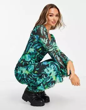 Синее чайное платье миди в сеточку с принтом Topshop