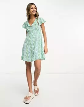Синее чайное платье мини с пуговицами с развевающимися рукавами ASOS DESIGN