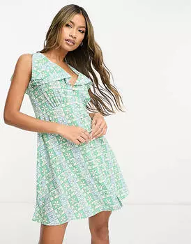 Синее чайное платье мини с пуговицами с развевающимися рукавами ASOS DESIGN