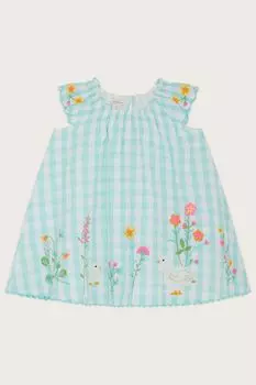 Синее детское платье Vichy в клетку с цветочной вышивкой Monsoon, синий