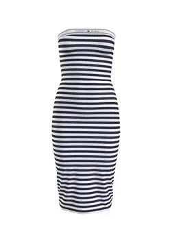 Синее длинное женское платье в полоску с воротником без бретелек TJW LOGO TAPE STRIPE TUBE DRESS Tommy Jeans, синий