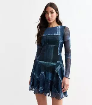 Синее джинсовое мини-платье с завязками на спине и принтом New Look, синий