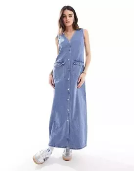 Синее джинсовое платье макси без рукавов Vero Moda с планкой на пуговицах