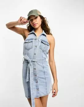 Синее джинсовое платье мини на пуговицах с завязками на талии Emory Park