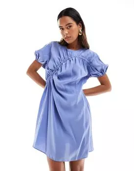 Синее джинсовое платье мини со сборками и пышными рукавами ASOS DESIGN