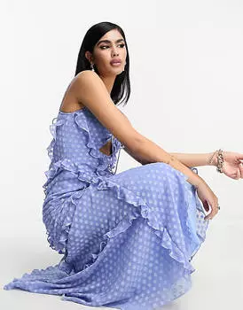 Синее фактурное платье макси с оборками и вырезами ASOS DESIGN
