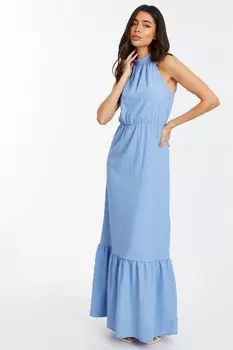 Синее фактурное платье макси с высоким воротом QUIZ Clothing
