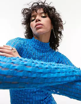 Синее фактурное платье миди из кружевного джерси с длинными рукавами Topshop