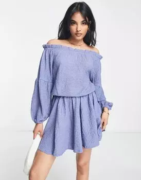 Синее фактурное платье мини с открытыми плечами и длинными рукавами ASOS DESIGN