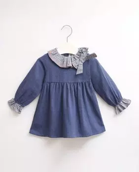 Синее хлопковое платье для девочки с клетчатыми деталями Dadati, синий