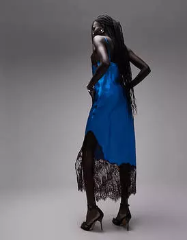 Синее и шоколадное платье-комбинация миди с контрастным кружевом Topshop