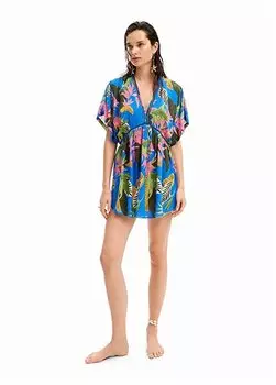 Синее короткое женское платье с V-образным вырезом и узором 24SWMW23 Desigual, синий