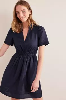 Синее льняное мини-платье со складками Boden, синий