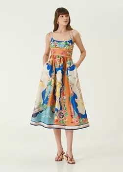 Синее льняное платье-миди с узором Zimmermann