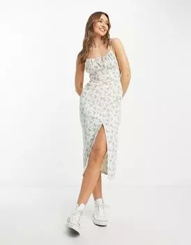 Синее летнее платье миди ASOS с бретелями, присборенным бюстом и россыпью цветочного принта