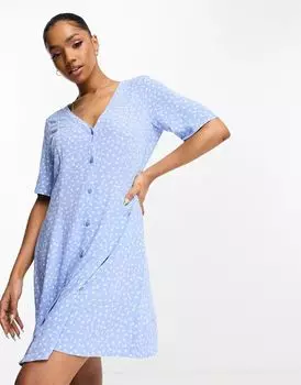 Синее мини-платье Monki с планкой на пуговицах и цветочным узором