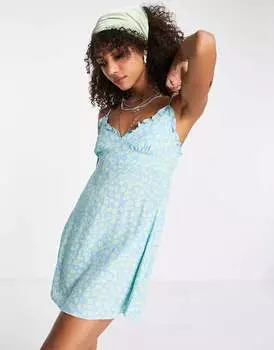 Синее мини-платье на бретельках с оборками Bershka