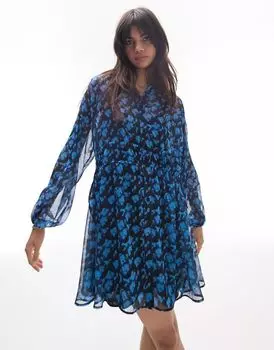 Синее мини-платье на застежке Topshop с кулиской на талии и планкой на пуговицах