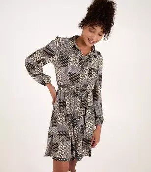 Синее мини-платье-рубашка с поясом и принтом в стиле пэчворк, ваниль, хаки Blue Vanilla, хаки