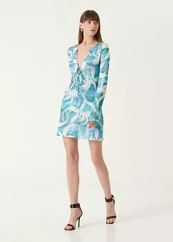 Синее мини-платье с глубоким v-образным вырезом и узором Louisa Ballou