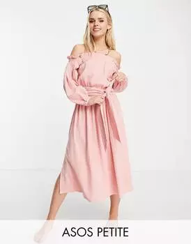 Синее мятое пляжное платье макси с открытыми плечами ASOS DESIGN Petite