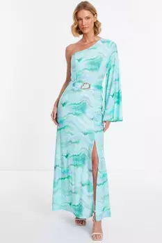 Синее облегающее мраморное платье на одно плечо с гофрированными вставками QUIZ Clothing