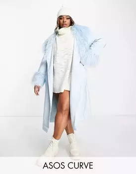 Синее пальто из искусственной кожи с поясом и отделкой из искусственного меха ASOS DESIGN Curve