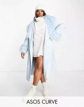 Синее пальто из искусственной кожи с поясом и отделкой борг ASOS DESIGN Curve