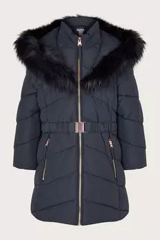 Синее пальто с капюшоном отороченным искусственным мехом и поясом Monsoon, синий