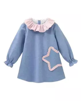 Синее платье для девочки с рюшами на воротнике и контрастной вышивкой в виде звезд Dadati, мультиколор