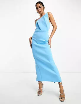 Синее платье-карандаш миди со складками и асимметричным вырезом ASOS DESIGN