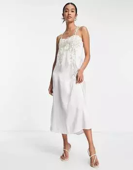 Синее платье-комбинация миди с атласными кружевными вставками Topshop