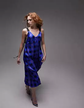 Синее платье-комбинация миди в клетку с контрастными бретелями Topshop