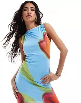 Синее платье макси ASOS DESIGN с объемным цветочным принтом, белой окантовкой и открытой спиной