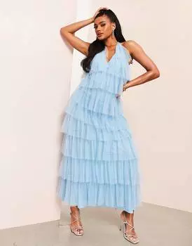 Синее платье макси из тюля с рюшами ASOS LUXE