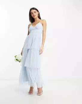 Синее платье макси из тюля Vila Bridesmaid с многоярусной юбкой
