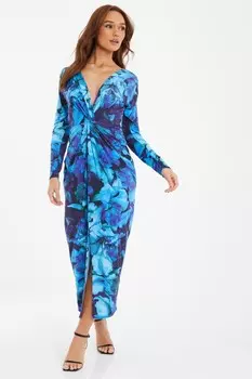 Синее платье макси с цветочным принтом и сборками QUIZ Clothing