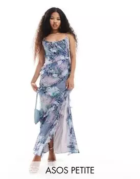 Синее платье макси с оборками и накладным кружевом ASOS DESIGN Petite