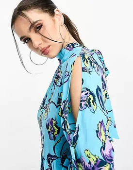 Синее платье макси с высоким воротником и бантом на спине YAS Petite