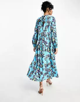 Синее платье макси с высоким воротником и бантом на спине YAS с цветочным принтом
