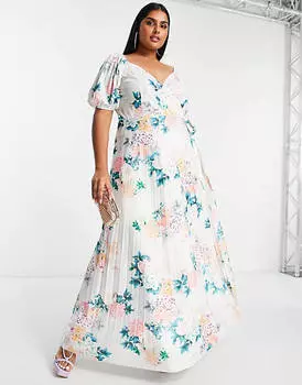 Синее платье макси с запахом и объемными рукавами ASOS DESIGN Curve
