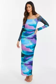 Синее платье Midaxi с абстрактным принтом и сеткой QUIZ Clothing