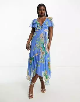 Синее платье миди ASOS с цветочным принтом, v-образным вырезом спереди и сзади, рюшами, струящимися рукавами и поясом