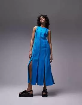 Синее платье миди без рукавов с контрастным швом и разрезами Topshop