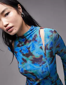Синее платье миди из сетки с цветочным принтом Topshop