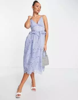 Синее платье миди на бретельках с кружевной вставкой ASOS DESIGN