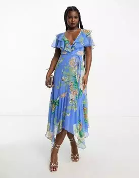 Синее платье миди с цветочным принтом ASOS, V-образным вырезом с рюшами спереди и сзади, развевающимися рукавами и завязывающимся поясом