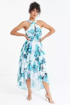 Синее платье-миди с цветочным принтом и многоуровневым подолом QUIZ Clothing