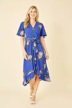 Синее платье миди с глубоким вырезом и запахом с цветочным принтом Mela, синий