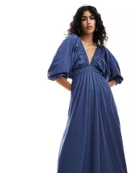 Синее платье миди с глубоким вырезом и присборенной талией ASOS DESIGN